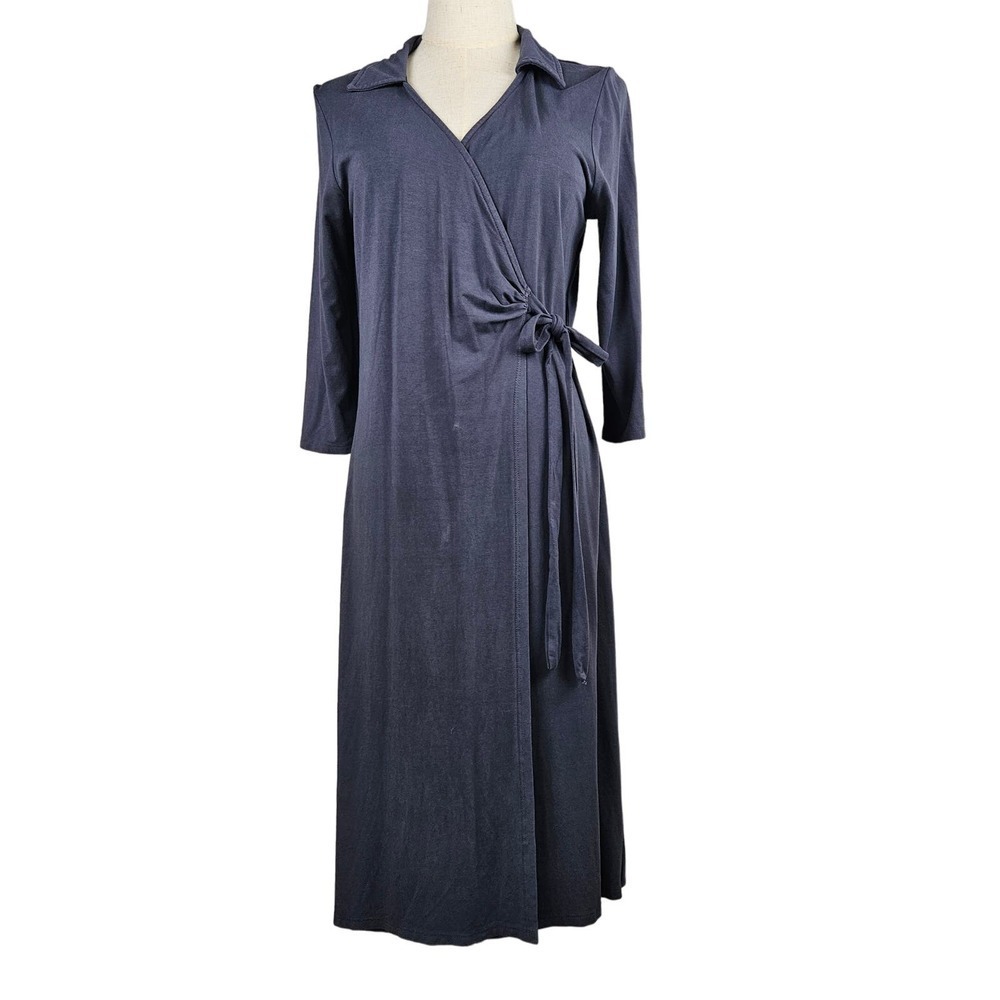 Fresh Produce Wrap Front Dress M Grey Blue V-Neck